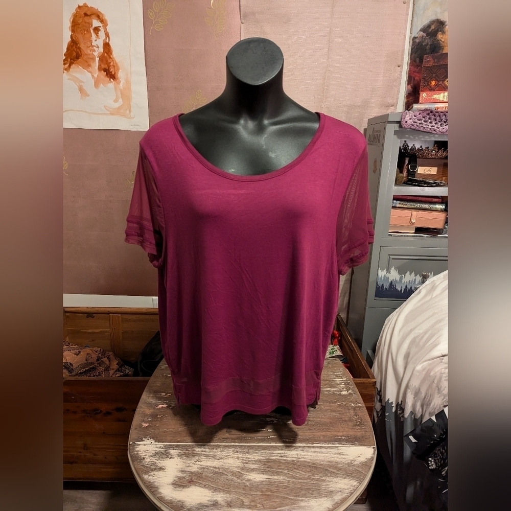 Moral Fiber Burgundy Tunic Top Plus‎ Size Mesh Short Sleeve